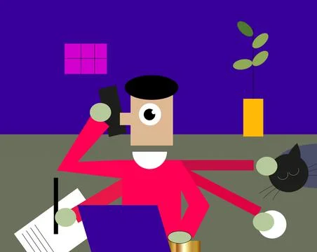 Multitasking man working on computer 스톡 일러스트