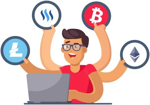 Multitasking man working with internet currency and blockchain technology Stock Illustration