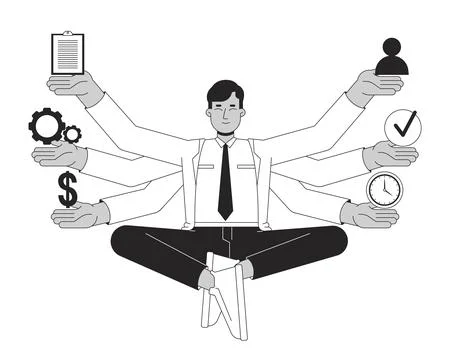Multitasking in management black and white 2D illustration concept Stock Illustration
