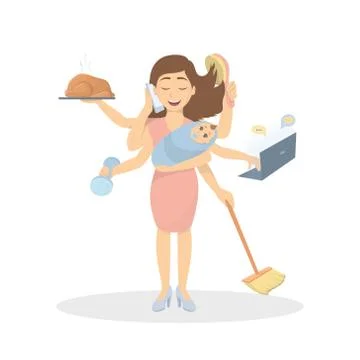 Multitasking mother with six hands. イラスト素材