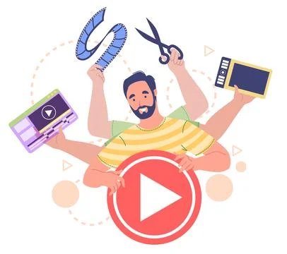 Multitasking motion designer using different tools for video creation 스톡 일러스트