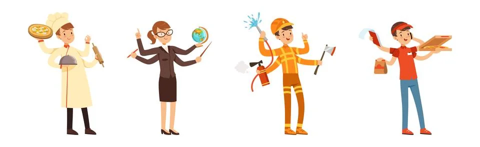Multitasking People Character of Different Profession Vector Set Illustrazione stock