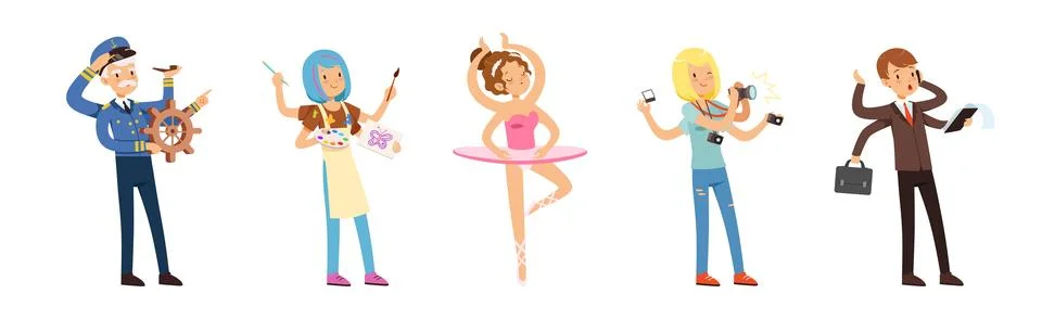Multitasking People Character of Different Profession Vector Set Illustrazione stock