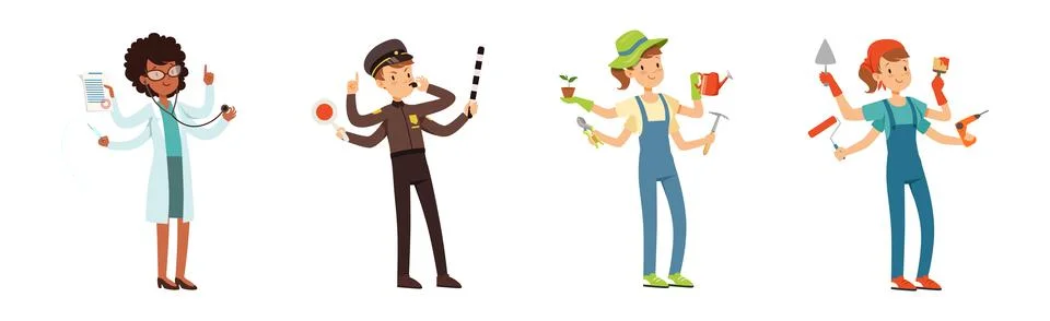Multitasking People Character of Different Profession Vector Set 스톡 일러스트