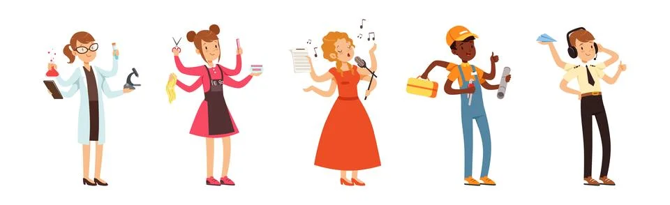 Multitasking People Character of Different Profession Vector Set Illustrazione stock