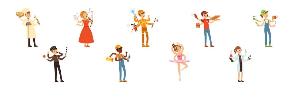 Multitasking People Character of Different Profession Vector Set Illustrazione stock