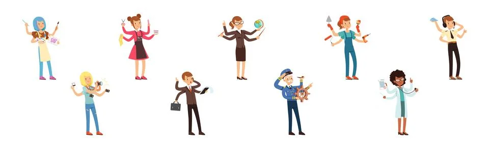 Multitasking People Character of Different Profession Vector Set Illustrazione stock