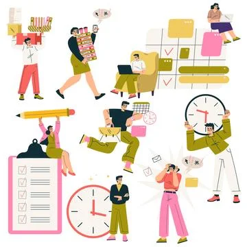Multitasking People Character Doing Multiple Task Vector Set Illustrazione stock