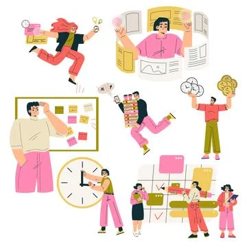 Multitasking People Character Doing Multiple Task Vector Set イラスト素材