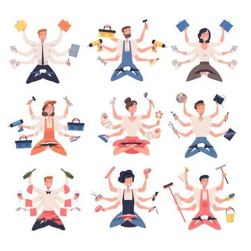 Multitasking People Character with Many Hands Vector Set イラスト素材