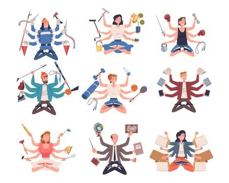 Multitasking People Character with Many Hands Vector Set 스톡 일러스트