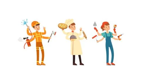 Multitasking People Collection, Firefighter, Chef Cook, Painter Characters with Illustrazione stock