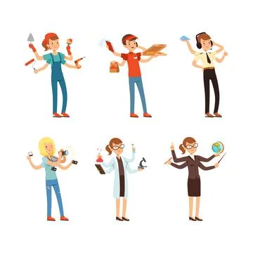 Multitasking people of different professions set. Busy scientist, chemist Stockillustratie