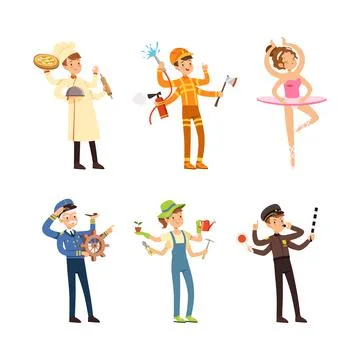 Multitasking people of different professions set. Busy ballerina, policeman 스톡 일러스트
