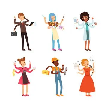 Multitasking people of different professions set. Busy singer, businessman 스톡 일러스트