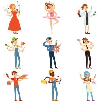 Multitasking people set with many hands. Workers of different professions. Flat Stock Illustration