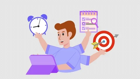 Multitasking person with goals and schedule icon in cartoon character animation Stock Footage 316323464
