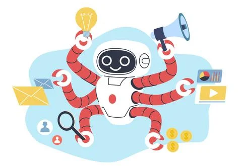 Multitasking robot. artificial intelligence machine with many hands hold letter Stockillustratie