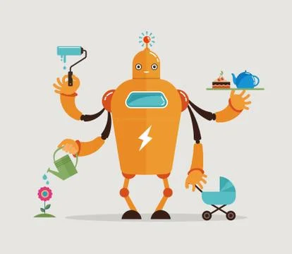 Multitasking robot character Stock Illustration