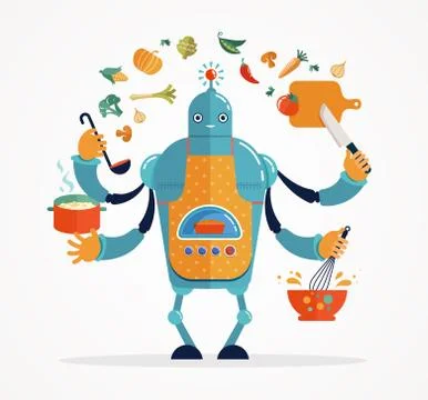 Multitasking robot chef baking and cooking Stock Illustration