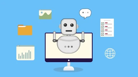 Multitasking Robot on computer screen with many Different Tasks, Like Image.. Stock Footage 304775034