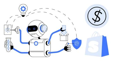 Multitasking Robot Engages in Science, Creativity, Finance, Security, and S.. イラスト素材