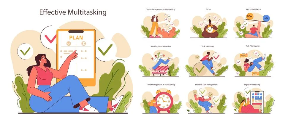 Multitasking set. Effective and competent office worker time 스톡 일러스트
