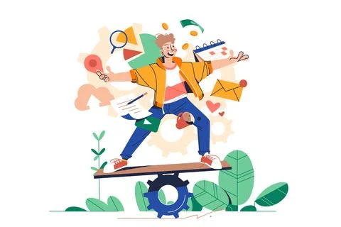 Multitasking Specialist balancing on board 스톡 일러스트