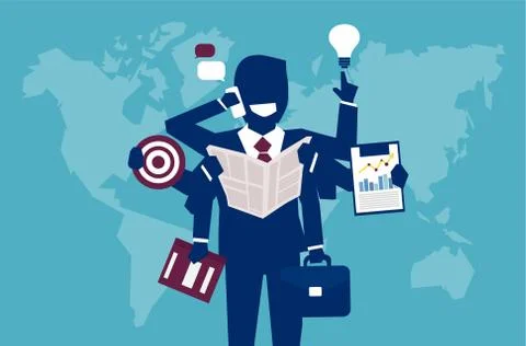 Multitasking successful businessman managing everything イラスト素材