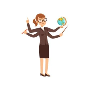 Multitasking teacher with a pointer and globe, young woman character with many イラスト素材