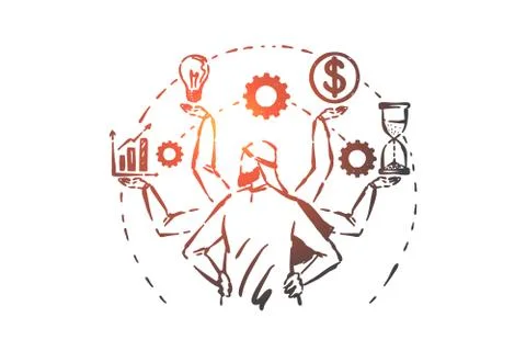 Multitasking, time management concept sketch. Hand drawn isolated vector Illustrazione stock