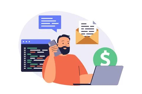 Multitasking web concept with flat cartoon people for website design. Man doi Illustrazione stock