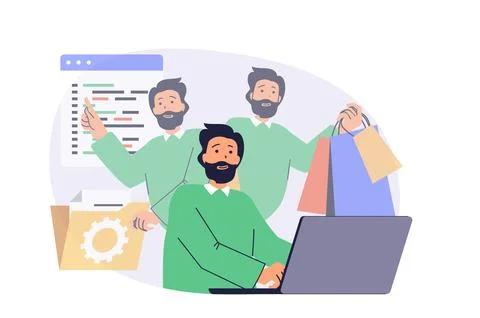 Multitasking web concept with flat cartoon people for website design. Man doi Stock Illustration
