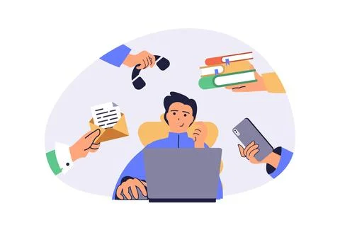 Multitasking web concept with flat cartoon people for website design. Man doi イラスト素材