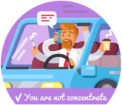 Multitasking while driving. Texting, smoking and eating in car. Cell phone in Stock Illustration