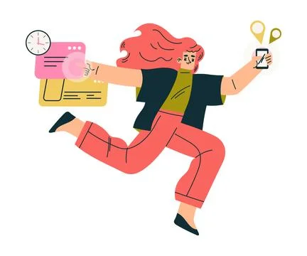 Multitasking Woman Character Doing Multiple Task on Smartphone App Vector Stock Illustration
