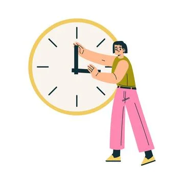 Multitasking Woman Character Doing Multiple Task Turn Arrow on Clock Dial Vector Stock Illustration