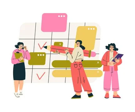 Multitasking Woman Character Doing Multiple Task Tick on Calendar Vector Illustrazione stock