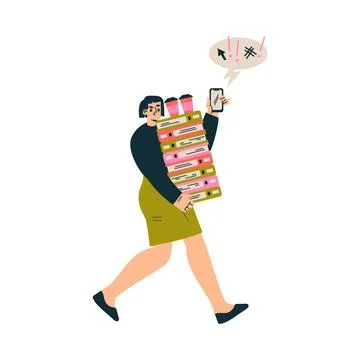 Multitasking Woman Character Doing Multiple Task Carry Pile of Folder with Stock Illustration