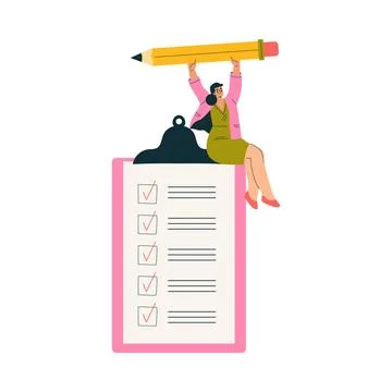 Multitasking Woman Character Doing Multiple Task Sit on Clipboard with Pencil Stock Illustration