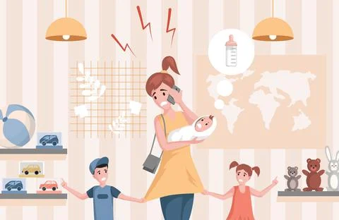 Multitasking woman with children vector flat illustration. Woman speaking on 스톡 일러스트