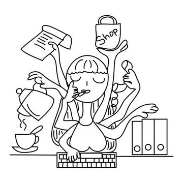 Multitasking woman with many arms working at desk Stock Illustration