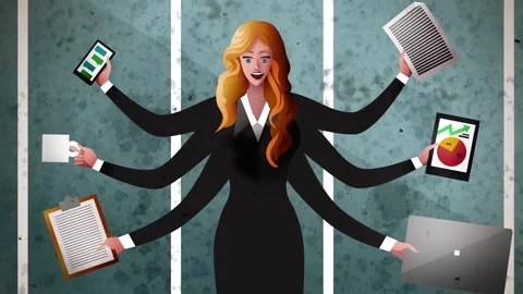 Multitasking woman with multiple arms performing different tasks Stock Footage 342377105