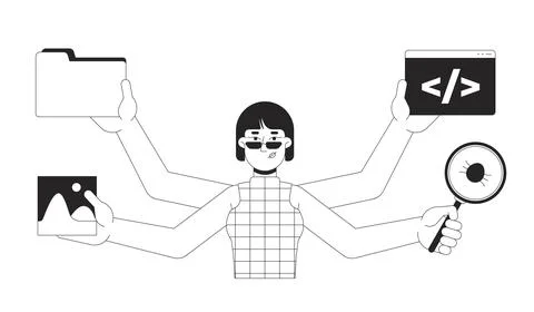 Multitasking woman programmer black and white 2D line character Stock-Illustration