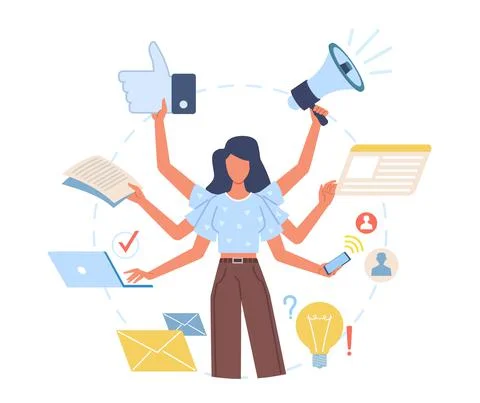 Multitasking woman. Versatile lady effectively decisive multiple cases at same イラスト素材