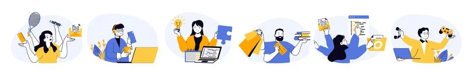 Multitasking work concept set in flat web design. Collection with people doin 스톡 일러스트