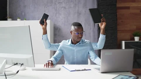 Multitasking Workload Of Happy Busy Man Worker Stock Footage 220877487