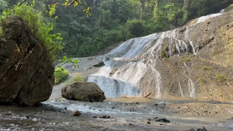 Multitiered Waterfall Rushing Over Rocks, Tropical Rainforest, Low Angle Stock Footage 325303809
