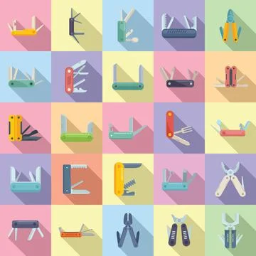 Multitool icons set flat vector. Multifunctional knife Ilustración de archivo