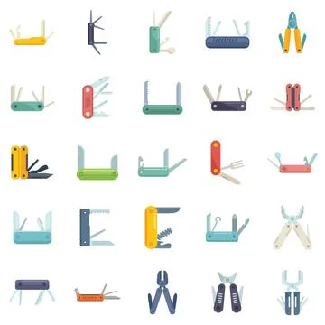 Multitool icons set flat vector. Multifunctional knife Stock Illustration